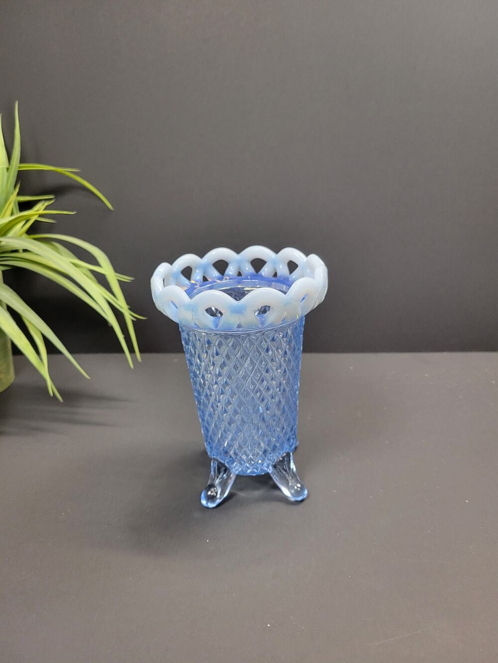 Vintage Imperial Glass Katy Blue Lace Edge Opalescent Footed Vase